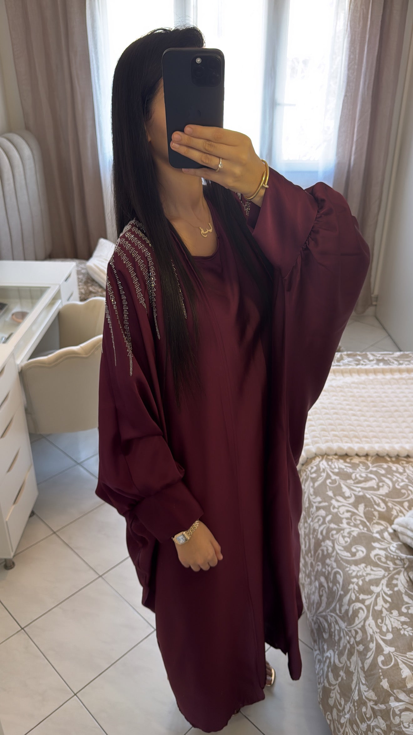 Abaya deux pièces à strass bordeaux