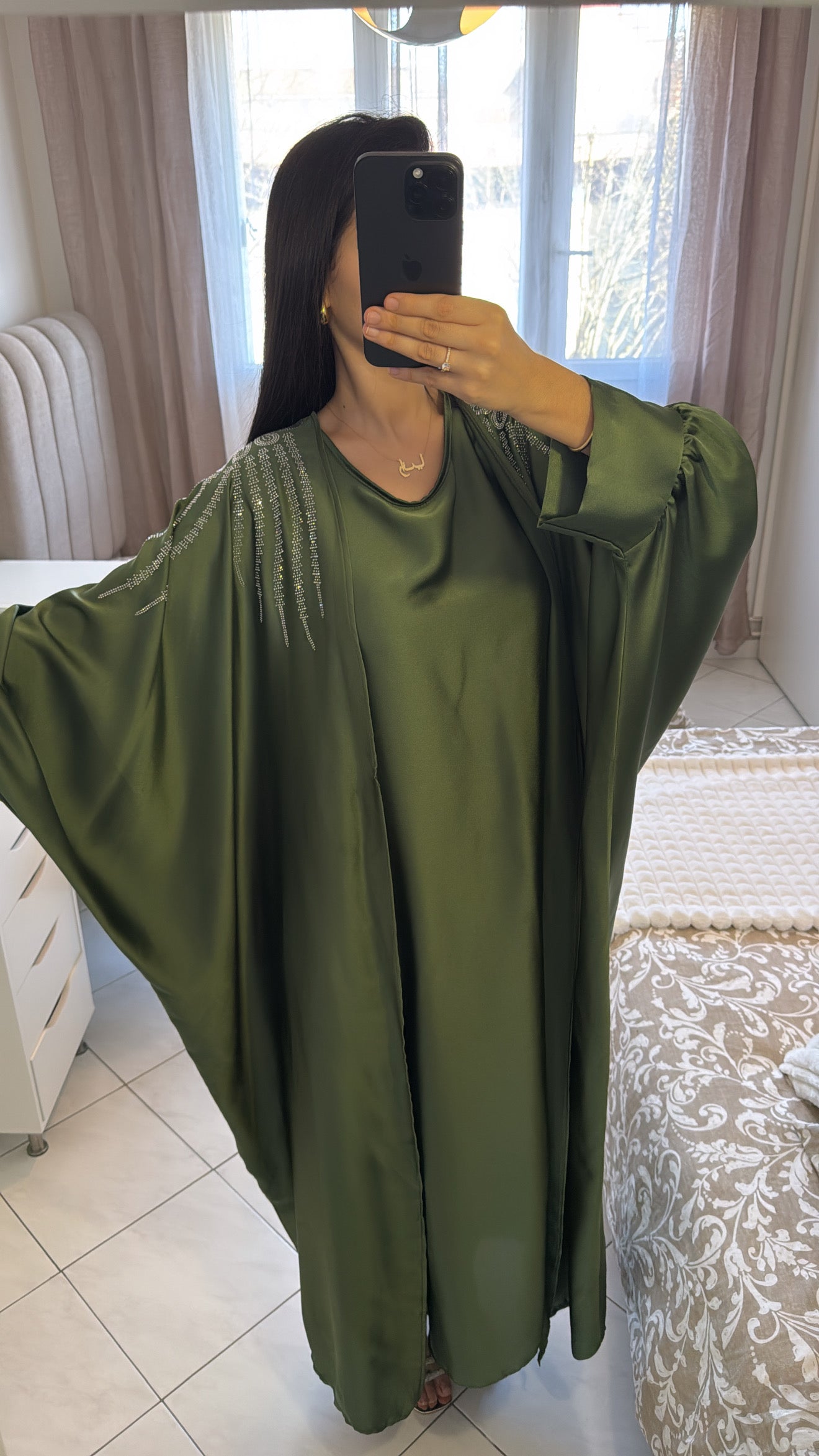 Abaya deux pièces à strass vert