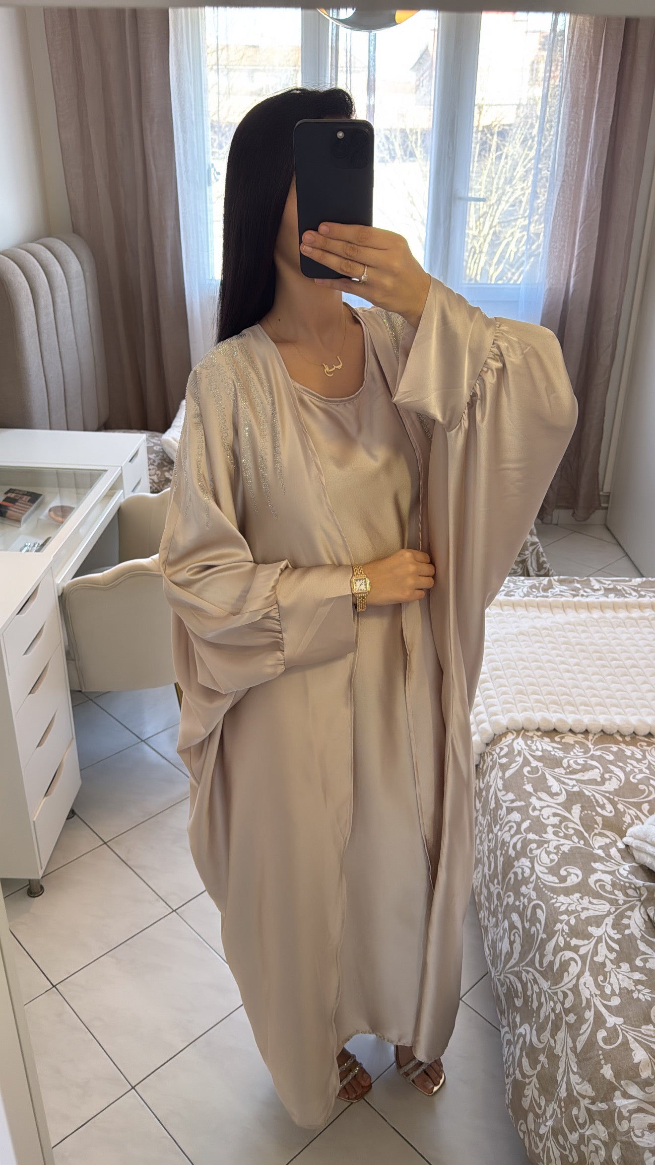 Abaya deux pièces à strass beige