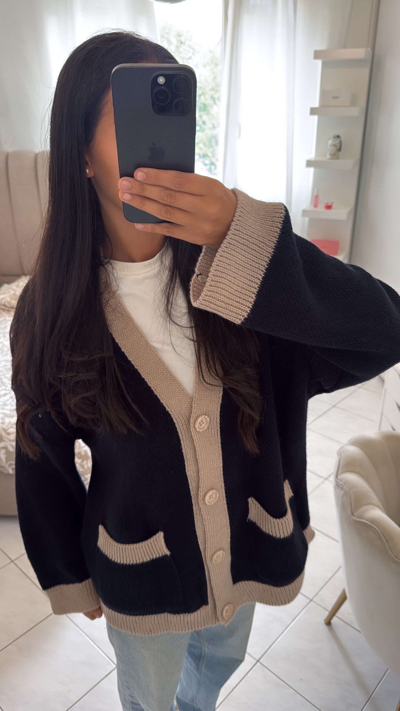 Cardigan bicolore bleu marine-beige