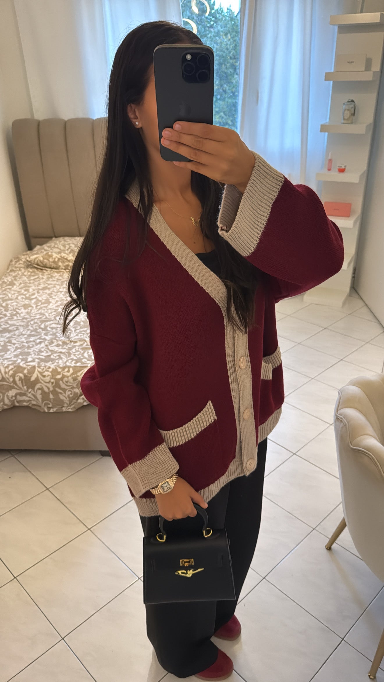 Cardigan bicolore bordeaux