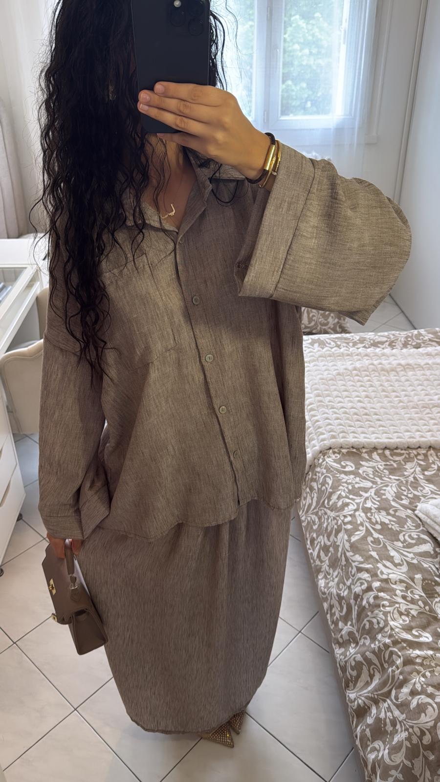 Ensemble jupe-chemise taupe effet lin