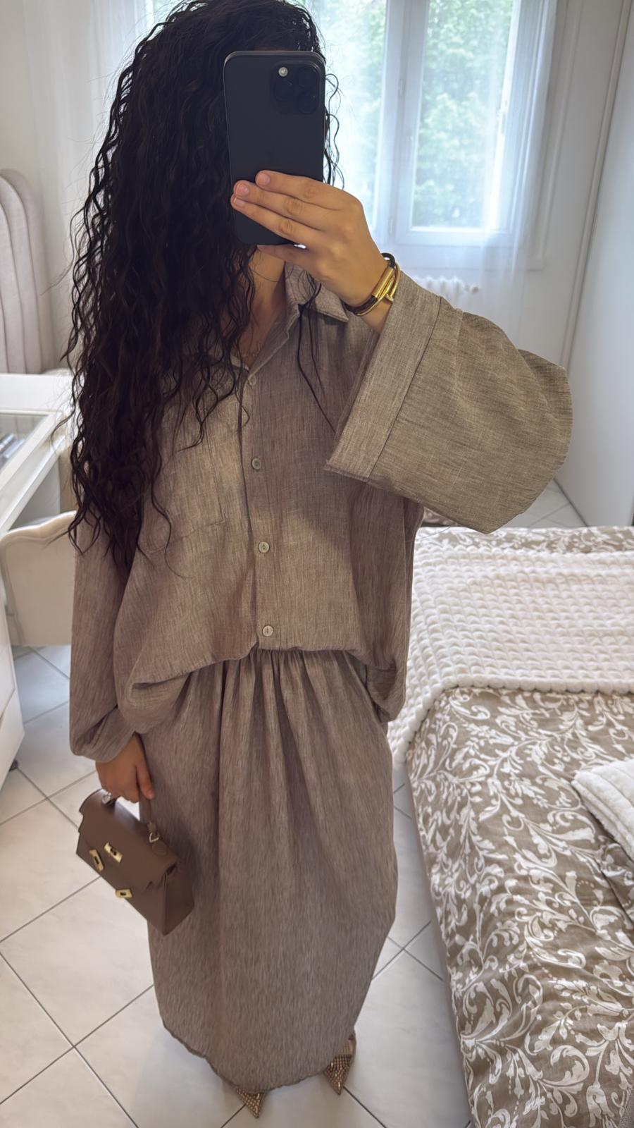 Ensemble jupe-chemise taupe effet lin
