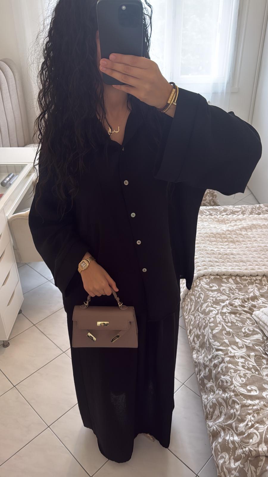 Ensemble jupe-chemise noir effet lin