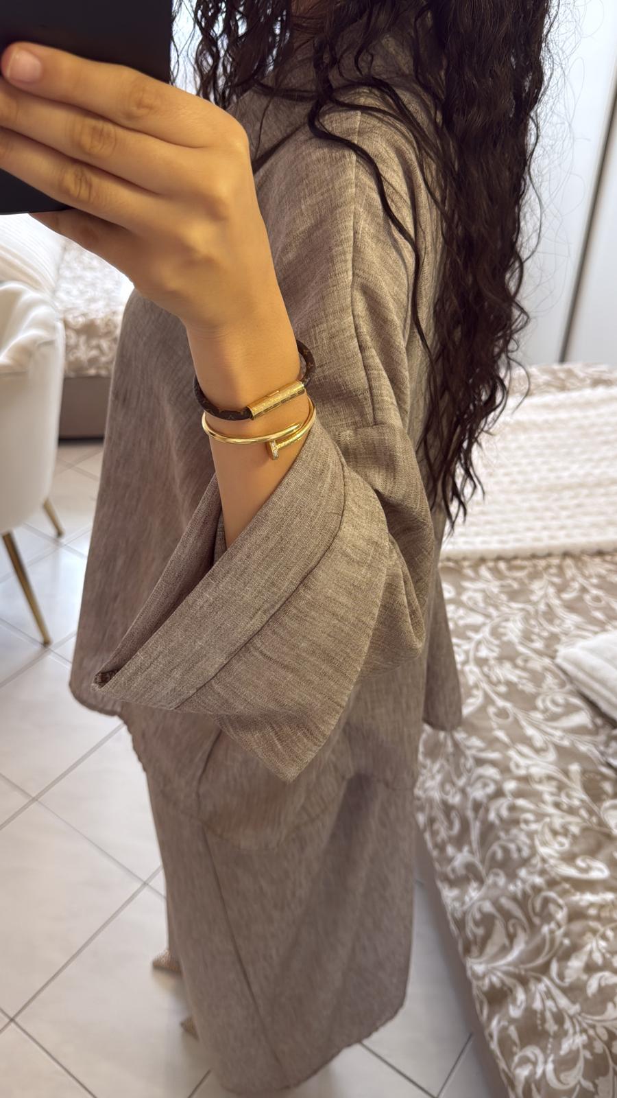 Ensemble jupe-chemise taupe effet lin