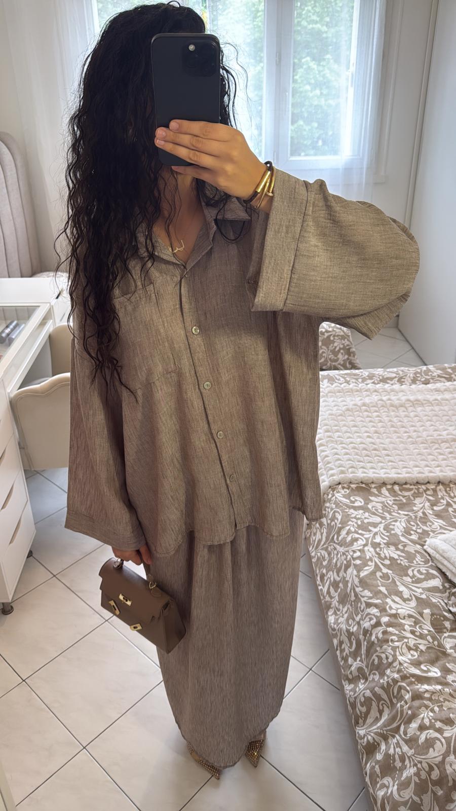 Ensemble jupe-chemise taupe effet lin