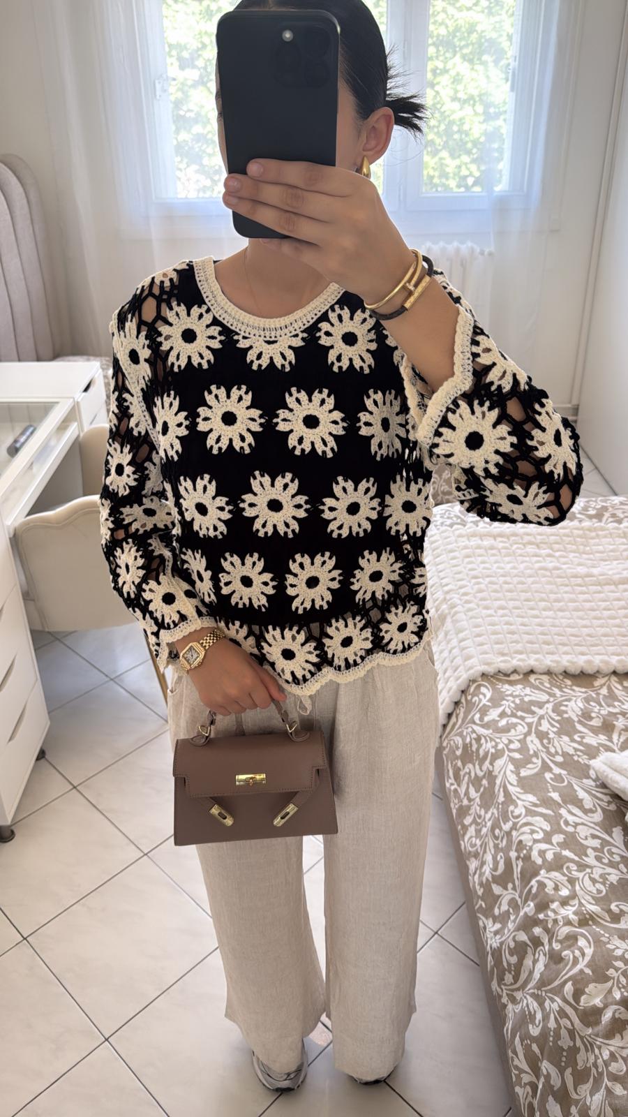 Haut en maille noir et beige