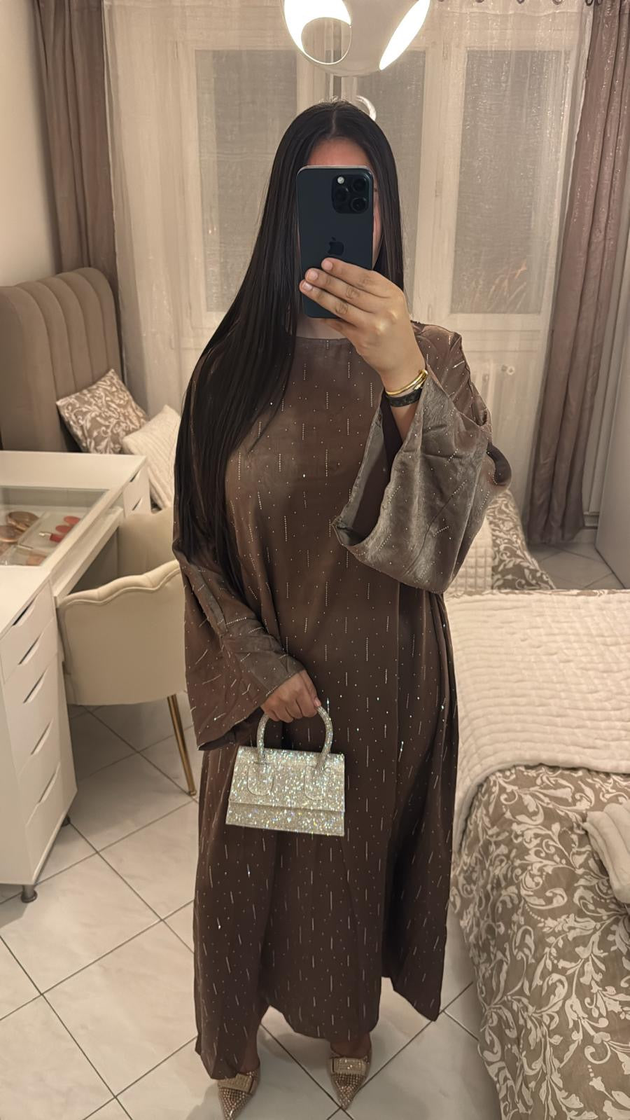 Abaya mina à strass taupe