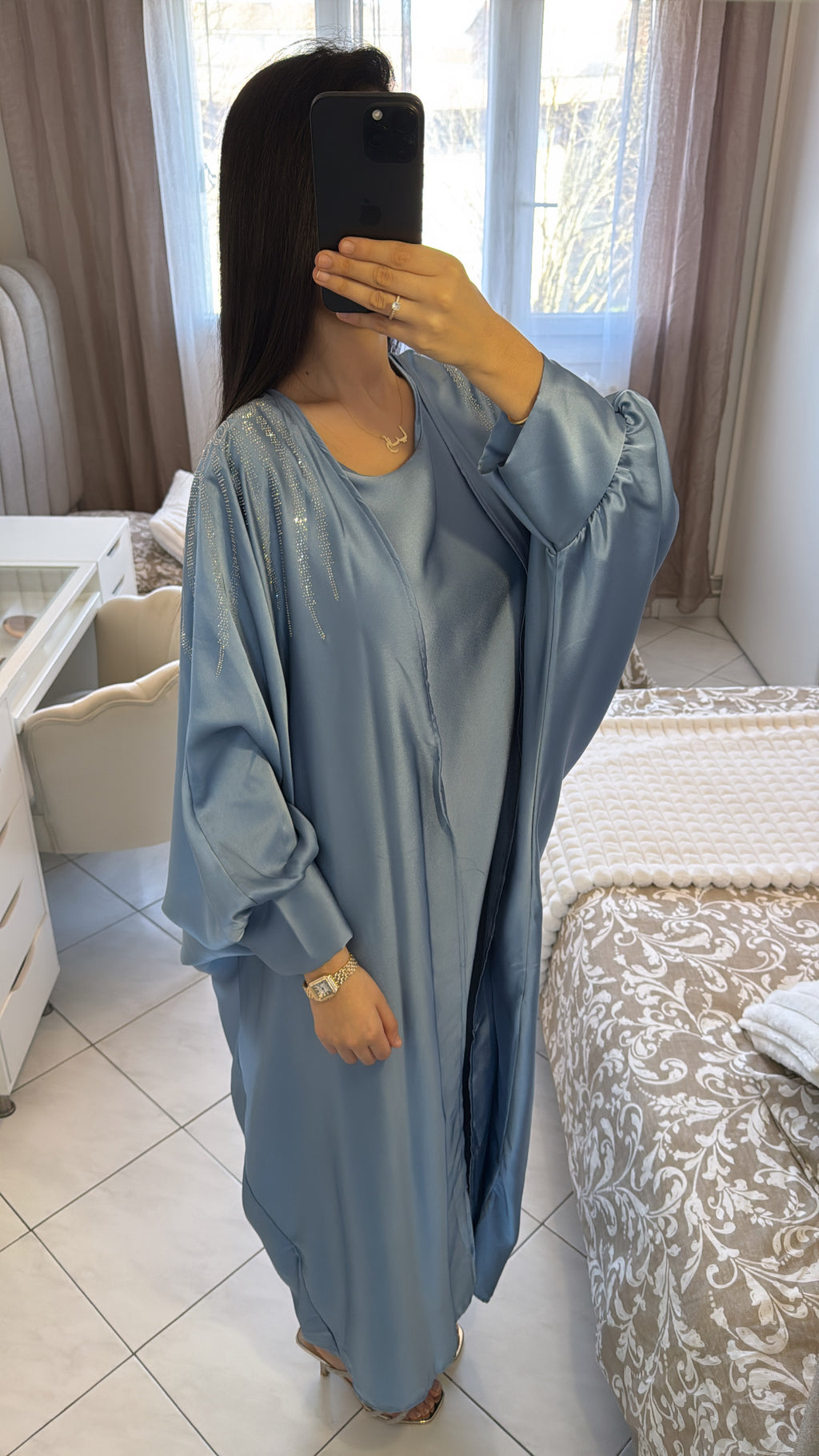 Abaya deux pièces à strass bleu ciel