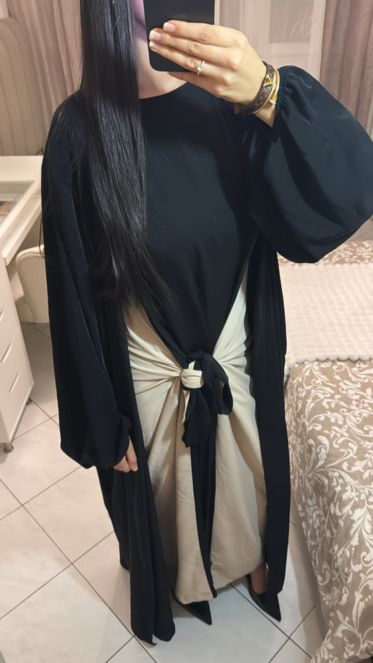 Ensemble deux pièces abayas à nouer et kimono noir et beige