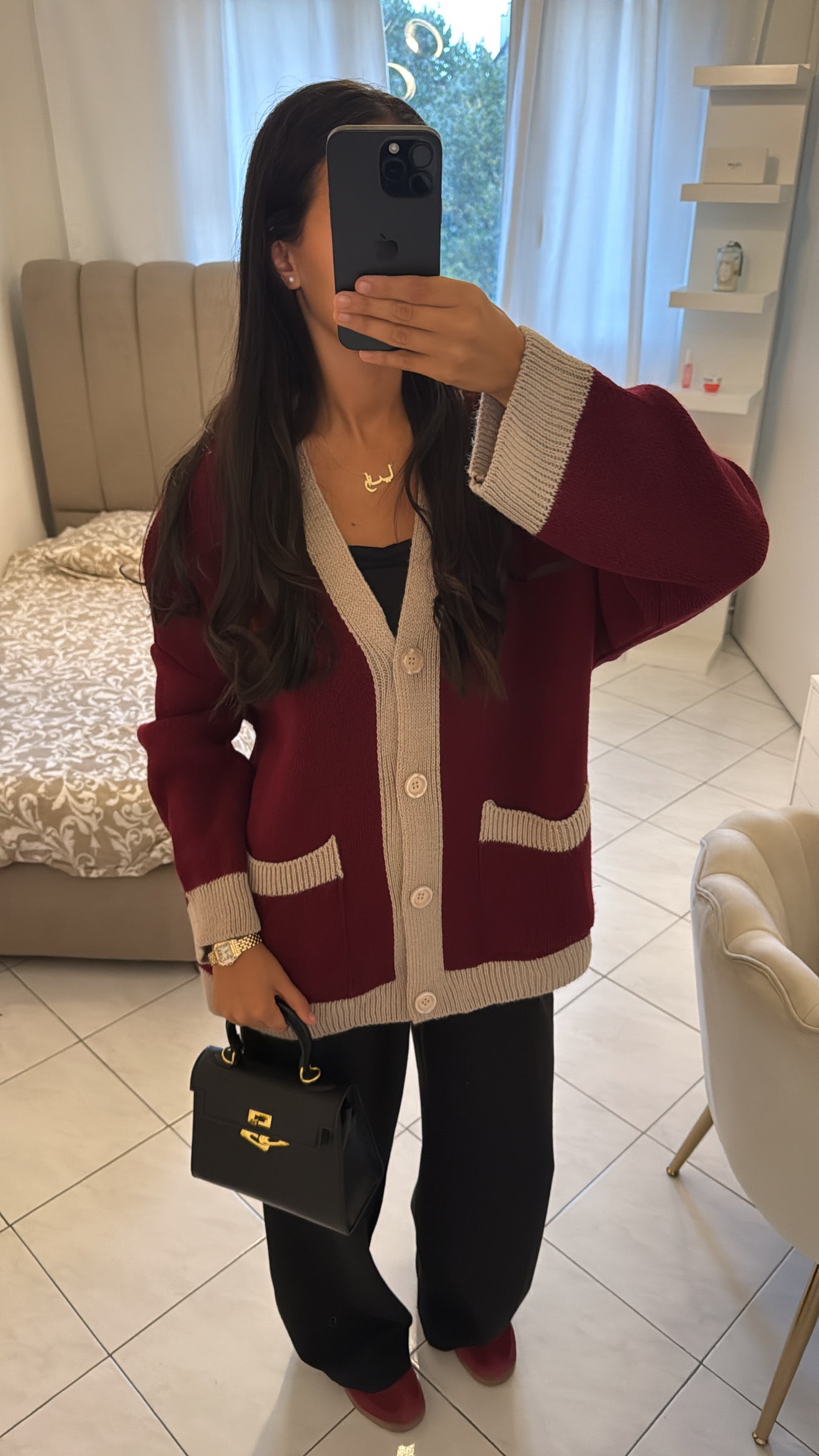 Cardigan bicolore bordeaux