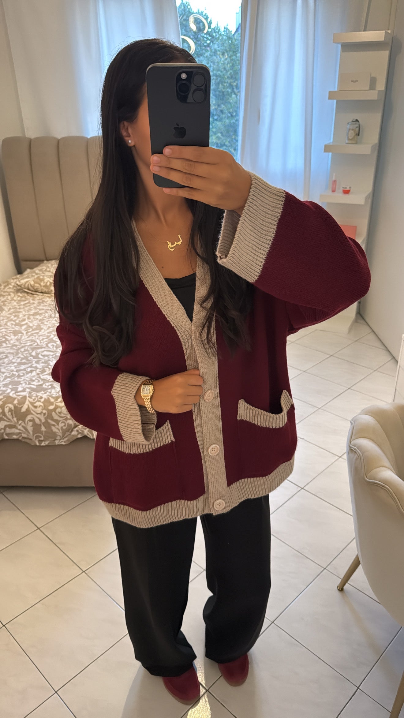 Cardigan bicolore bordeaux