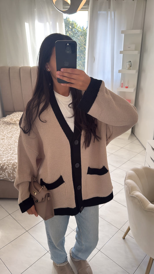 Cardigan bicolore beige foncé