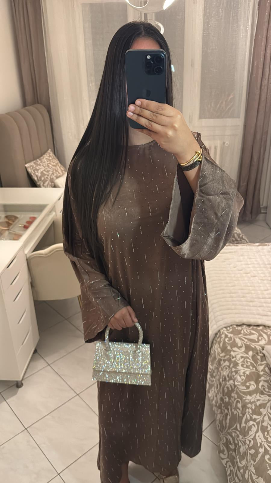 Abaya mina à strass taupe