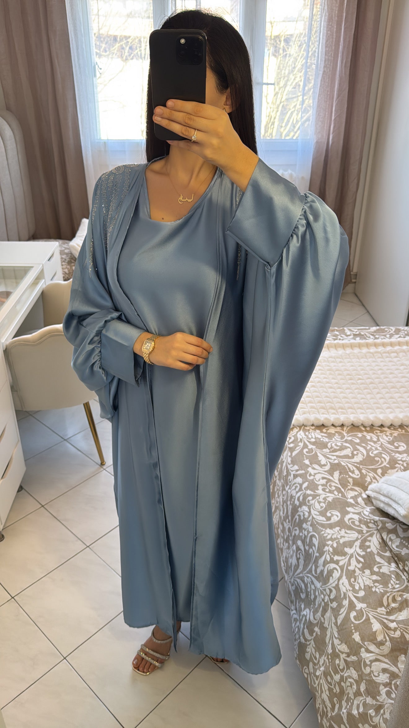 Abaya deux pièces à strass bleu ciel