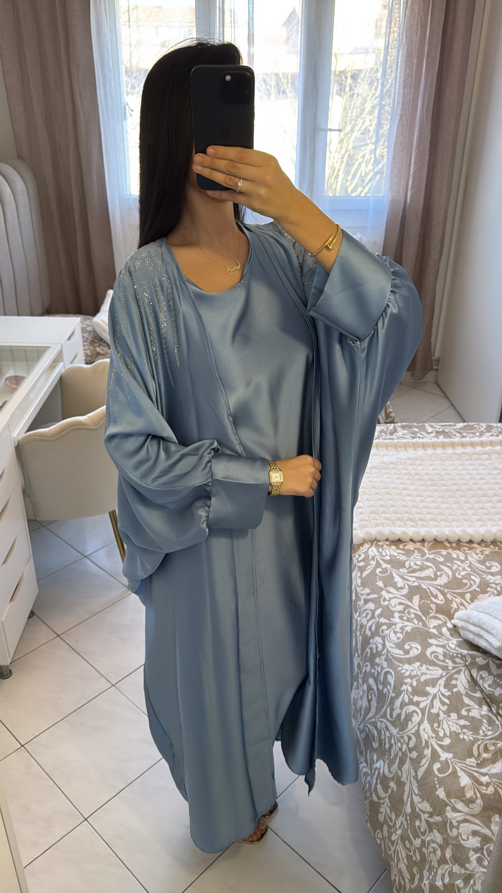 Abaya deux pièces à strass bleu ciel