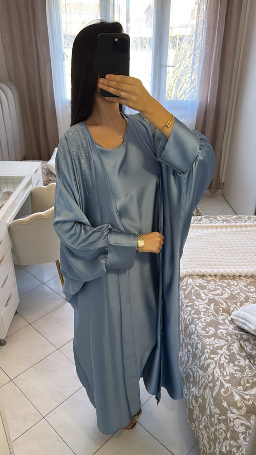 Abaya deux pièces à strass bleu ciel
