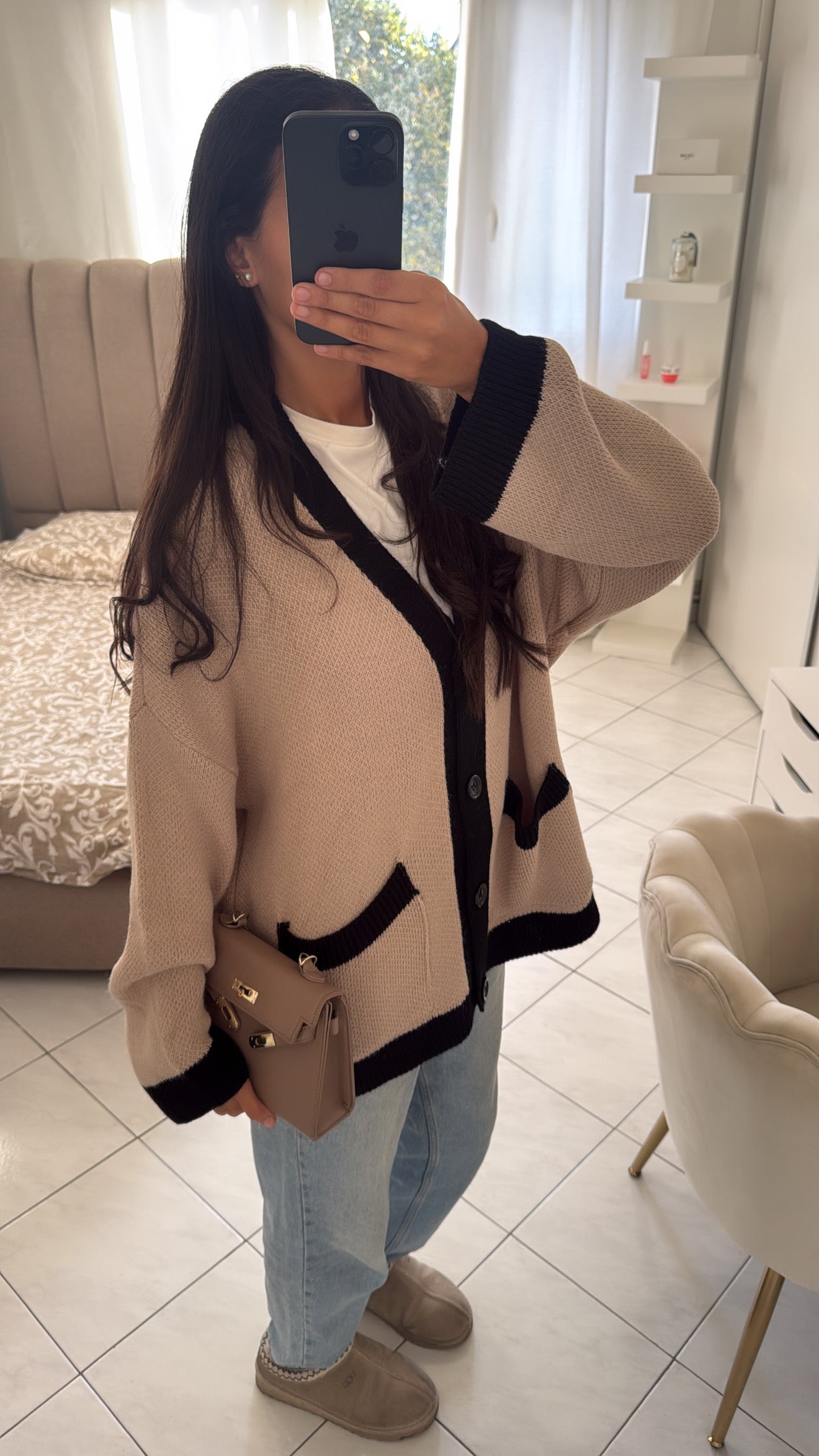 Cardigan bicolore beige foncé