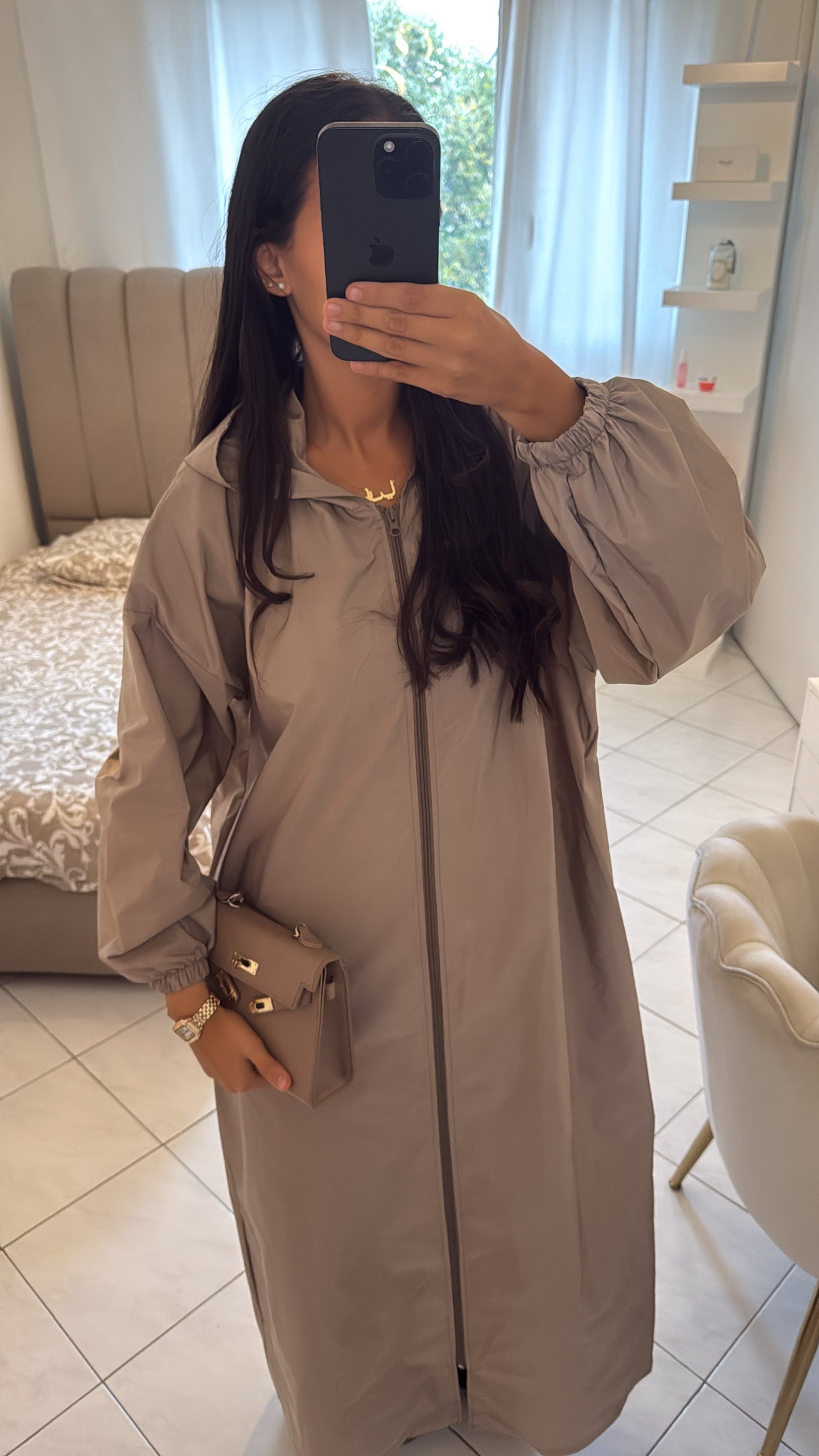 Veste imperméable à capuche taupe