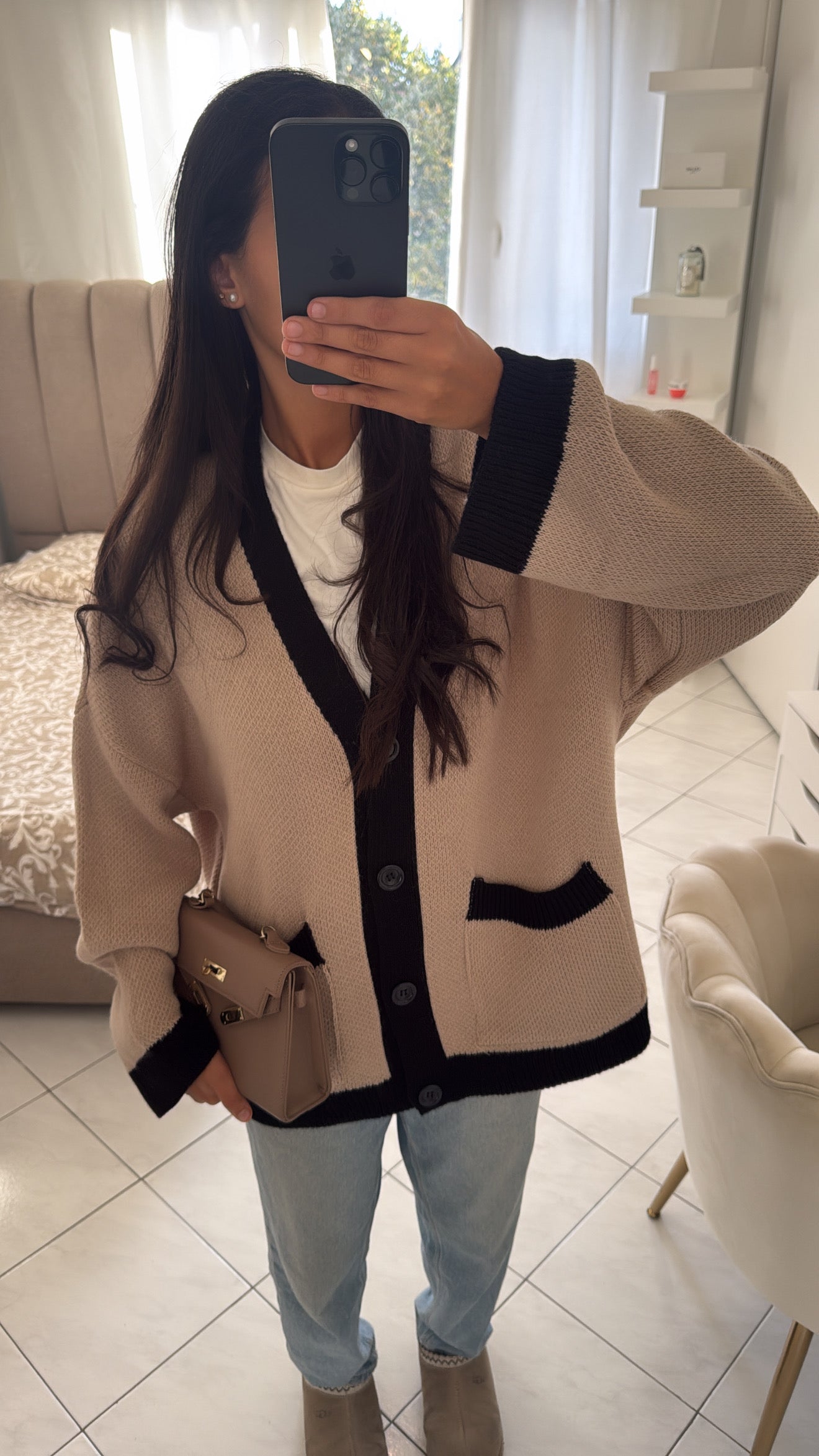 Cardigan bicolore beige foncé
