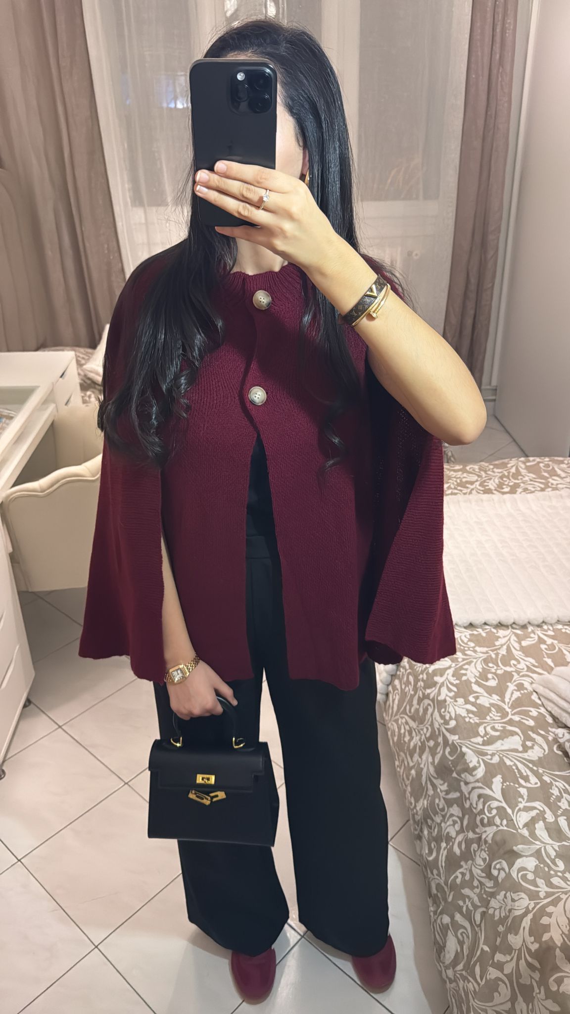 Cape sans manche en laine bordeaux