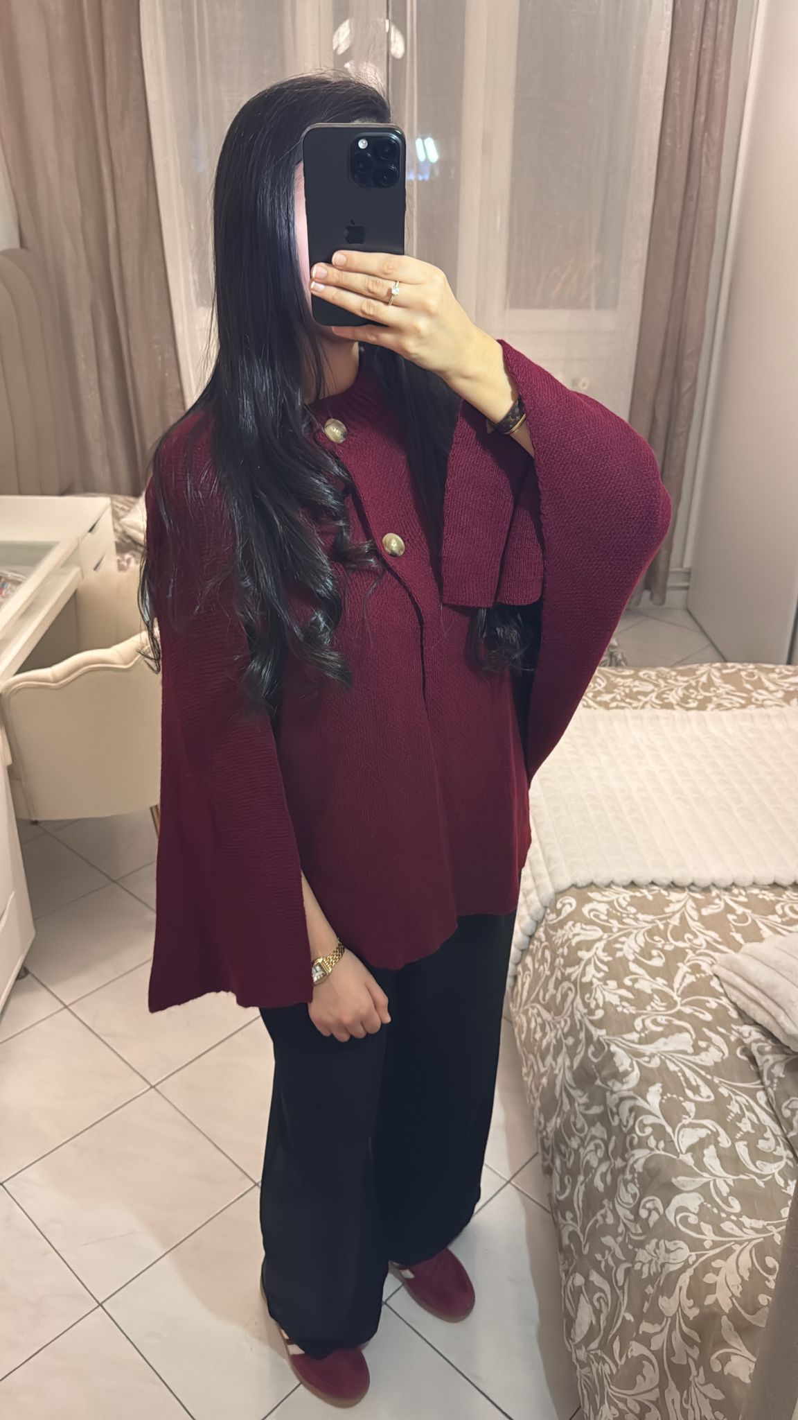 Cape sans manche en laine bordeaux