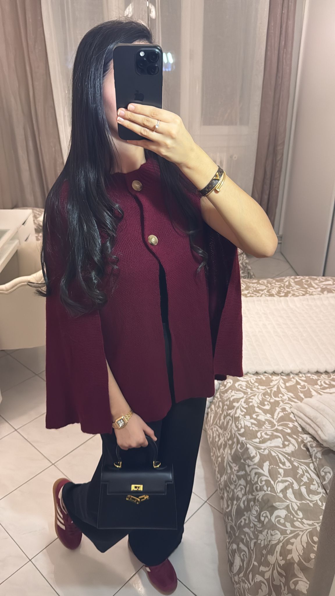 Cape sans manche en laine bordeaux