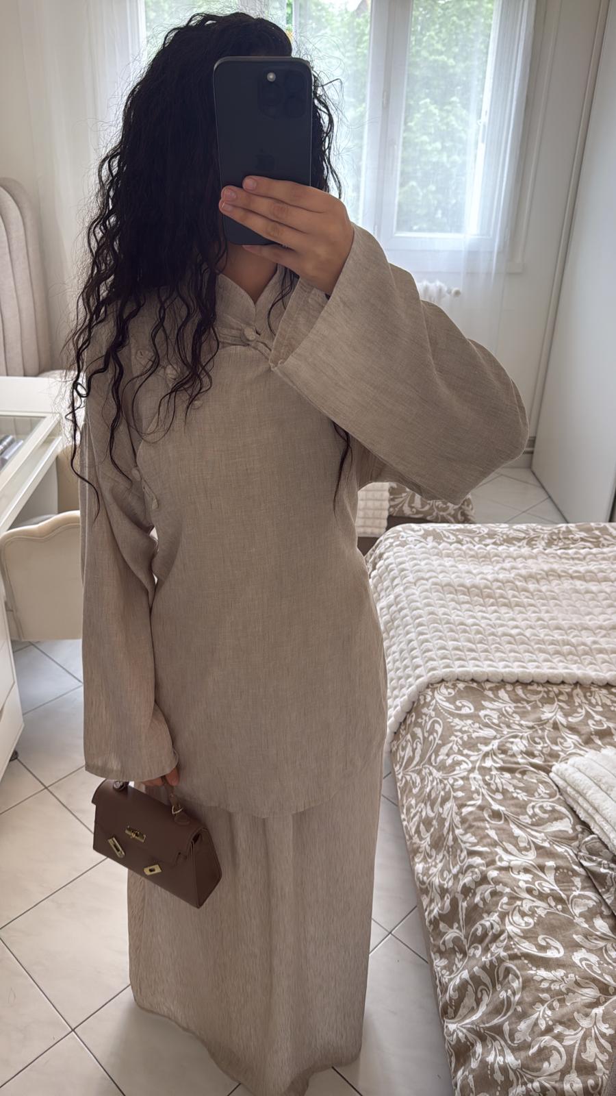 Ensemble effet lin taupe clair