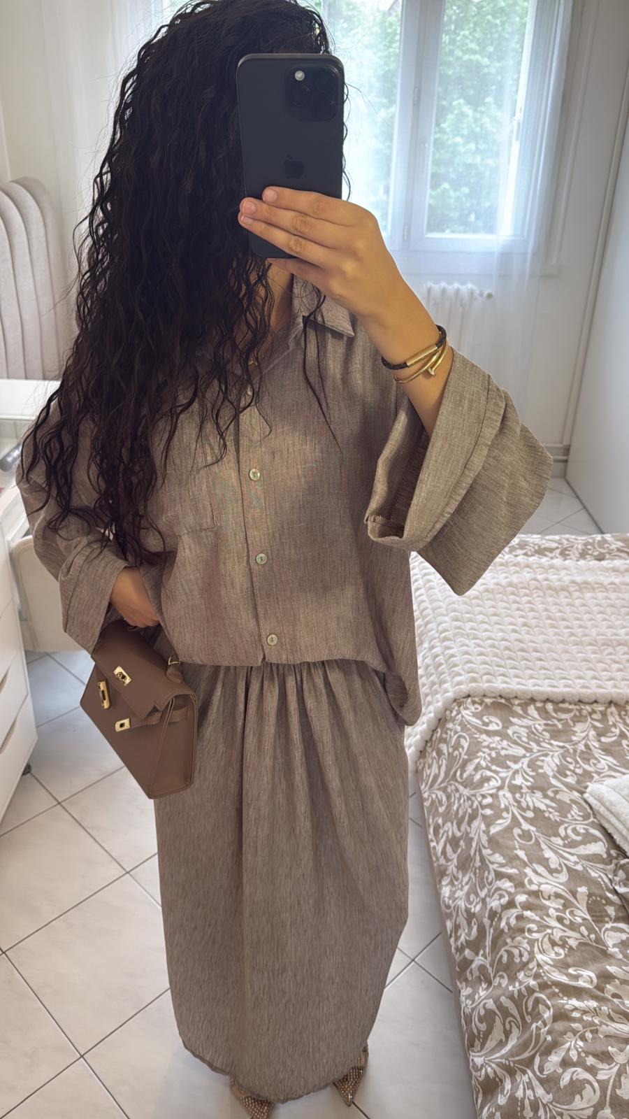 Ensemble jupe-chemise taupe effet lin