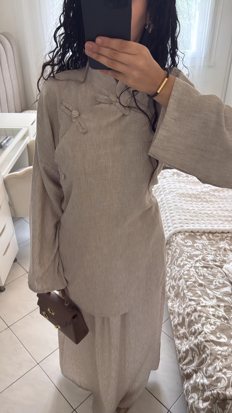 Ensemble effet lin taupe clair