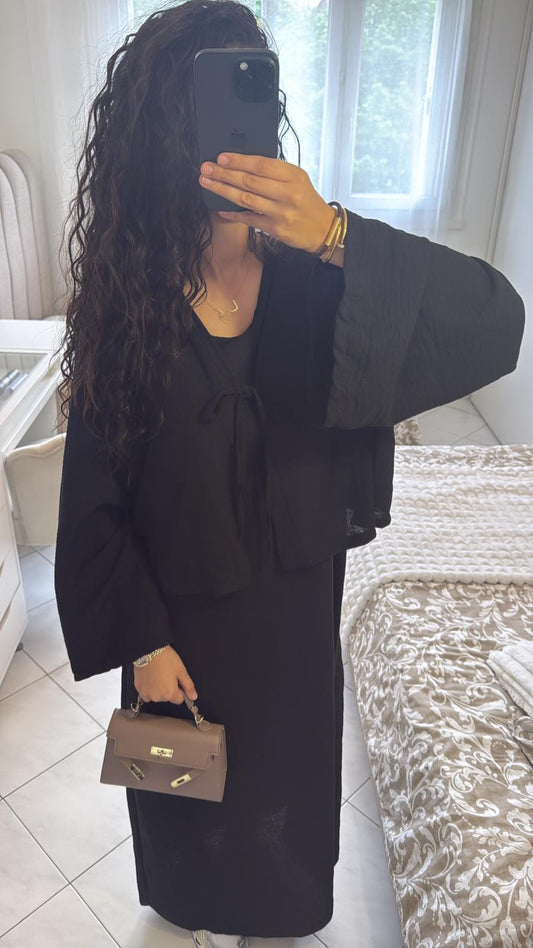 Ensemble robe gilet effet lin noir
