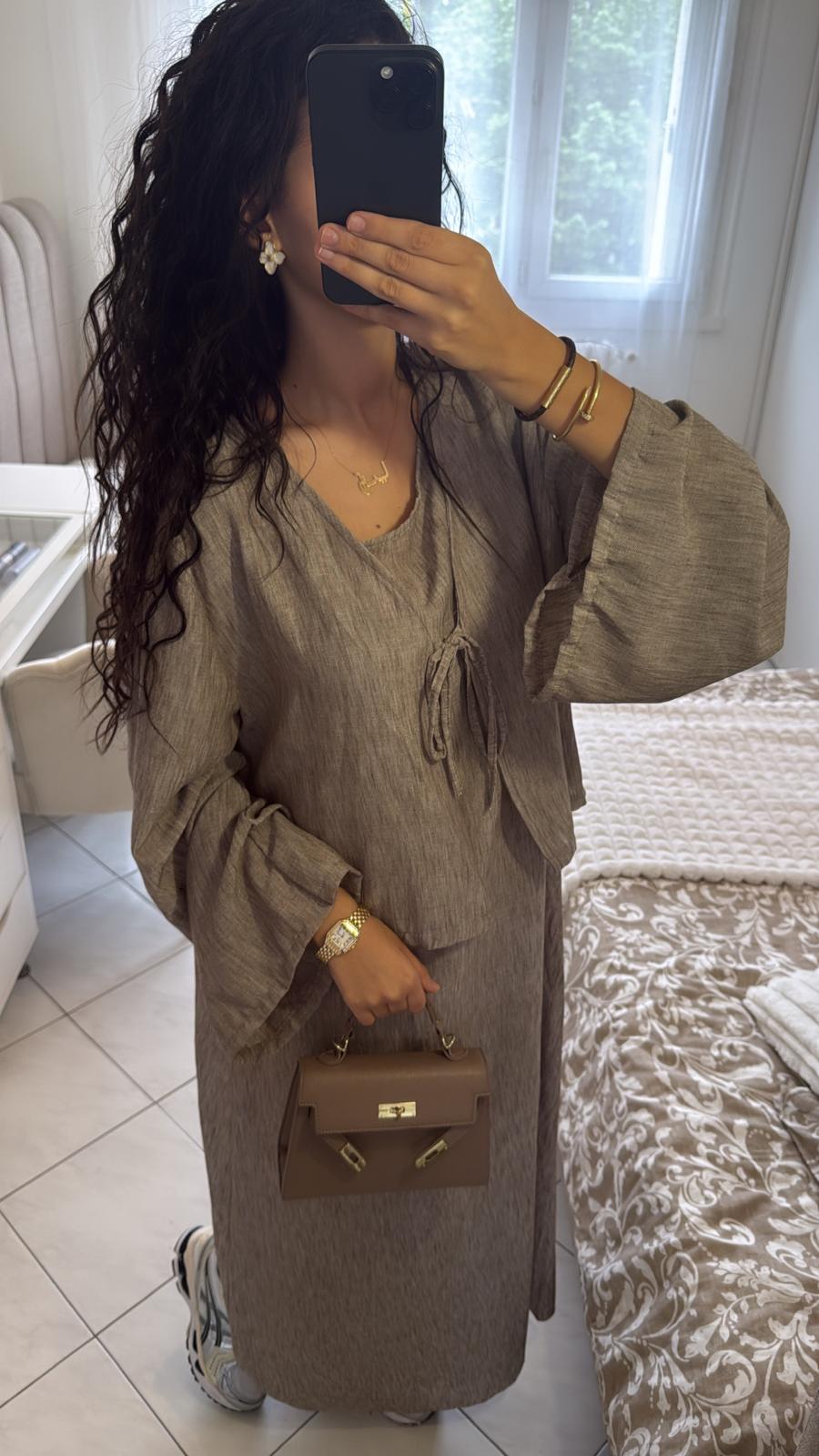 Ensemble robe gilet effet lin taupe