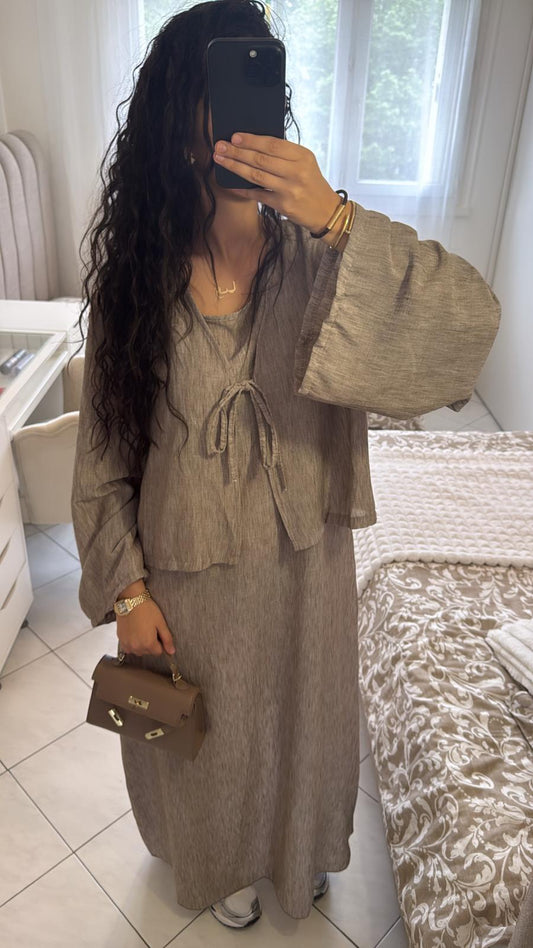 Ensemble robe gilet effet lin taupe