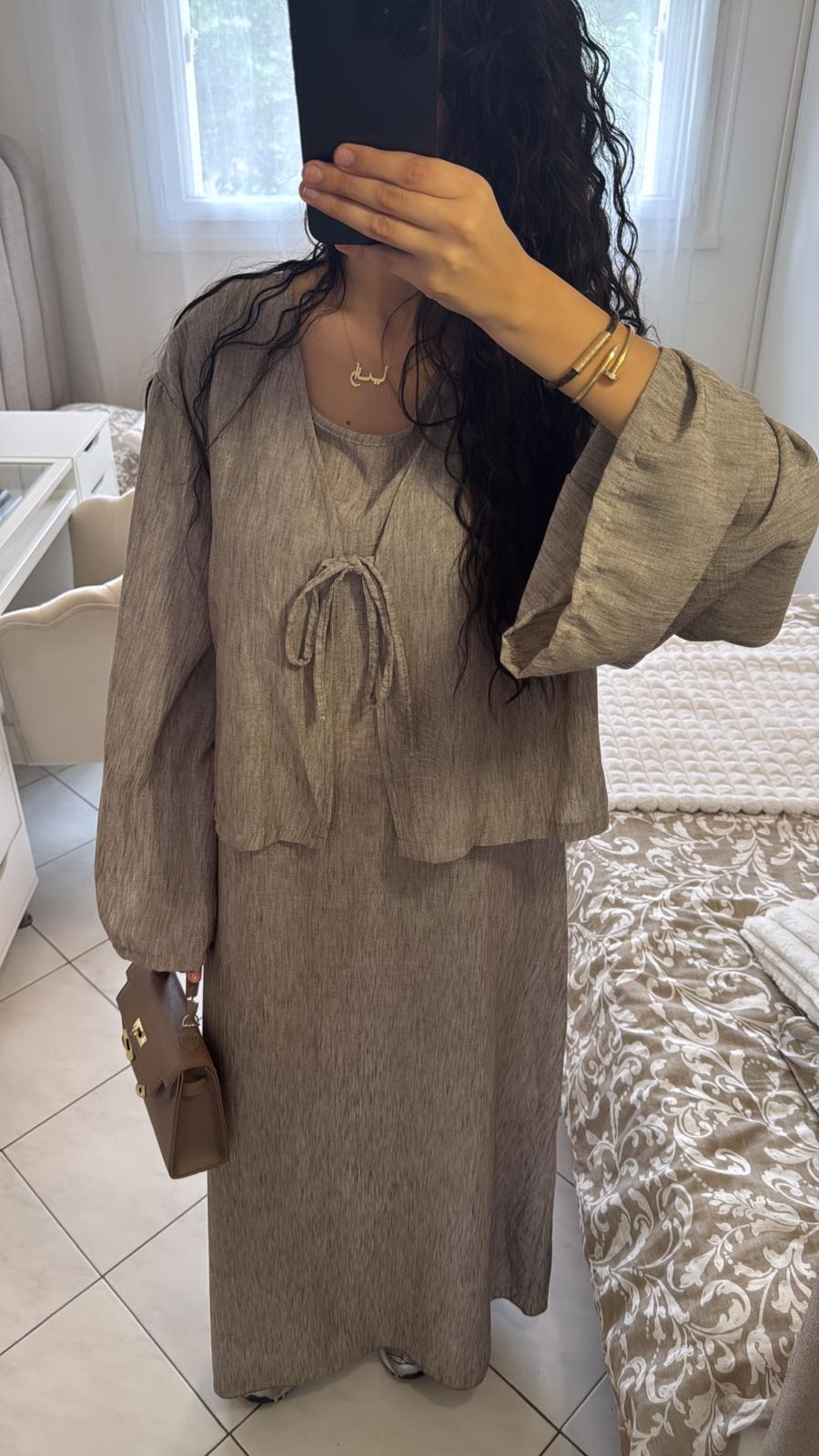 Ensemble robe gilet effet lin taupe