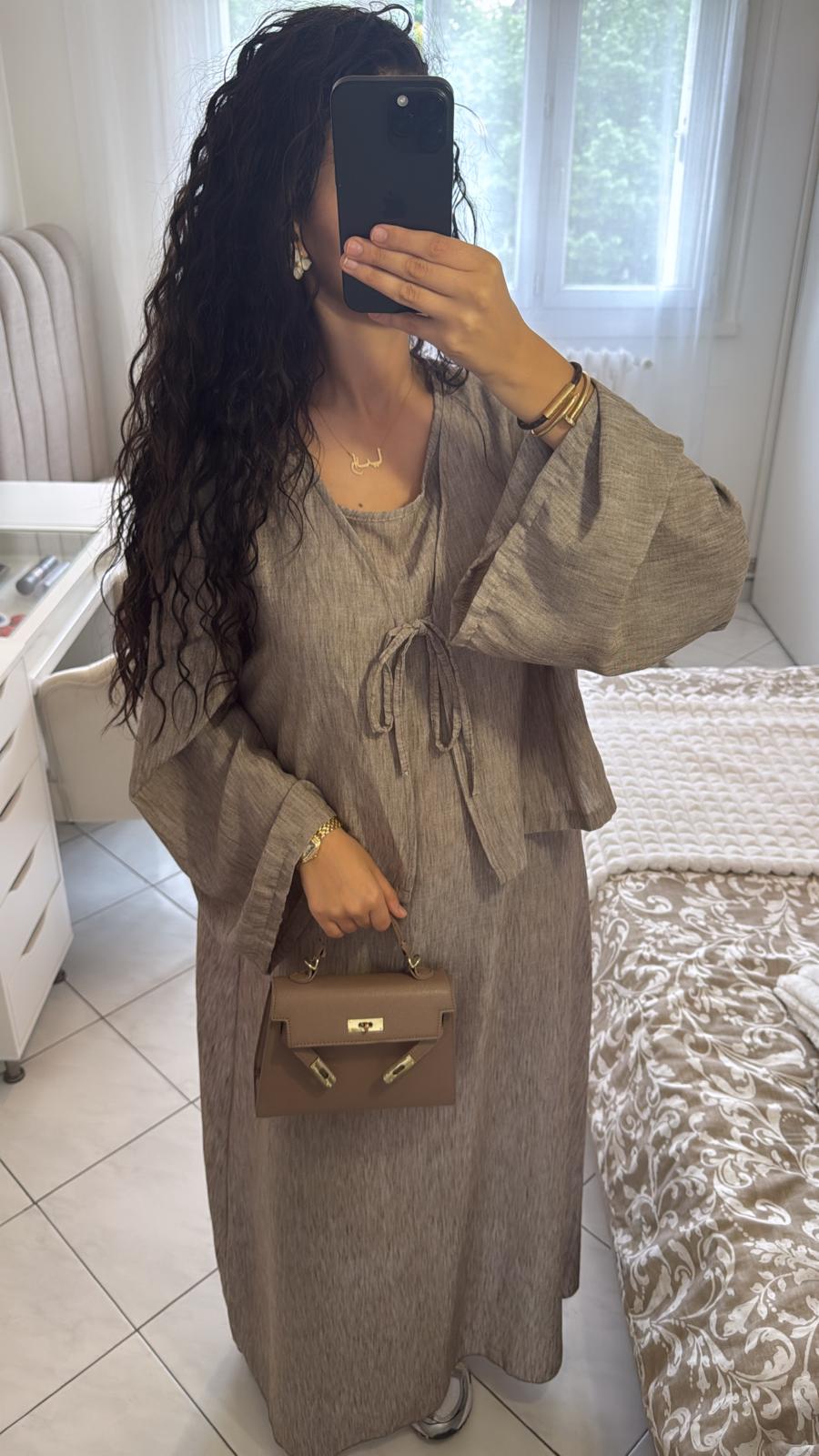 Ensemble robe gilet effet lin taupe