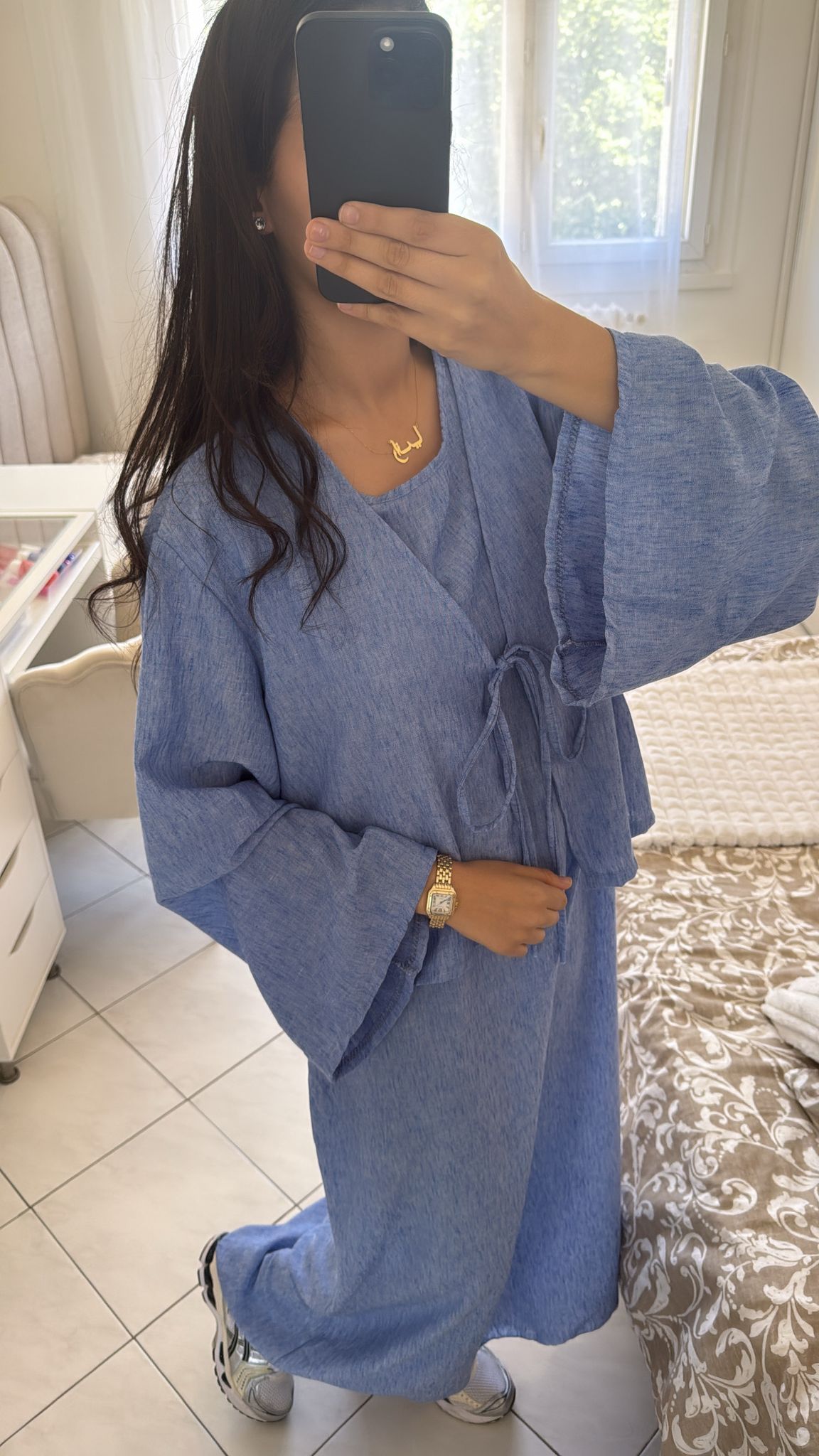 Ensemble robe gilet effet lin bleu