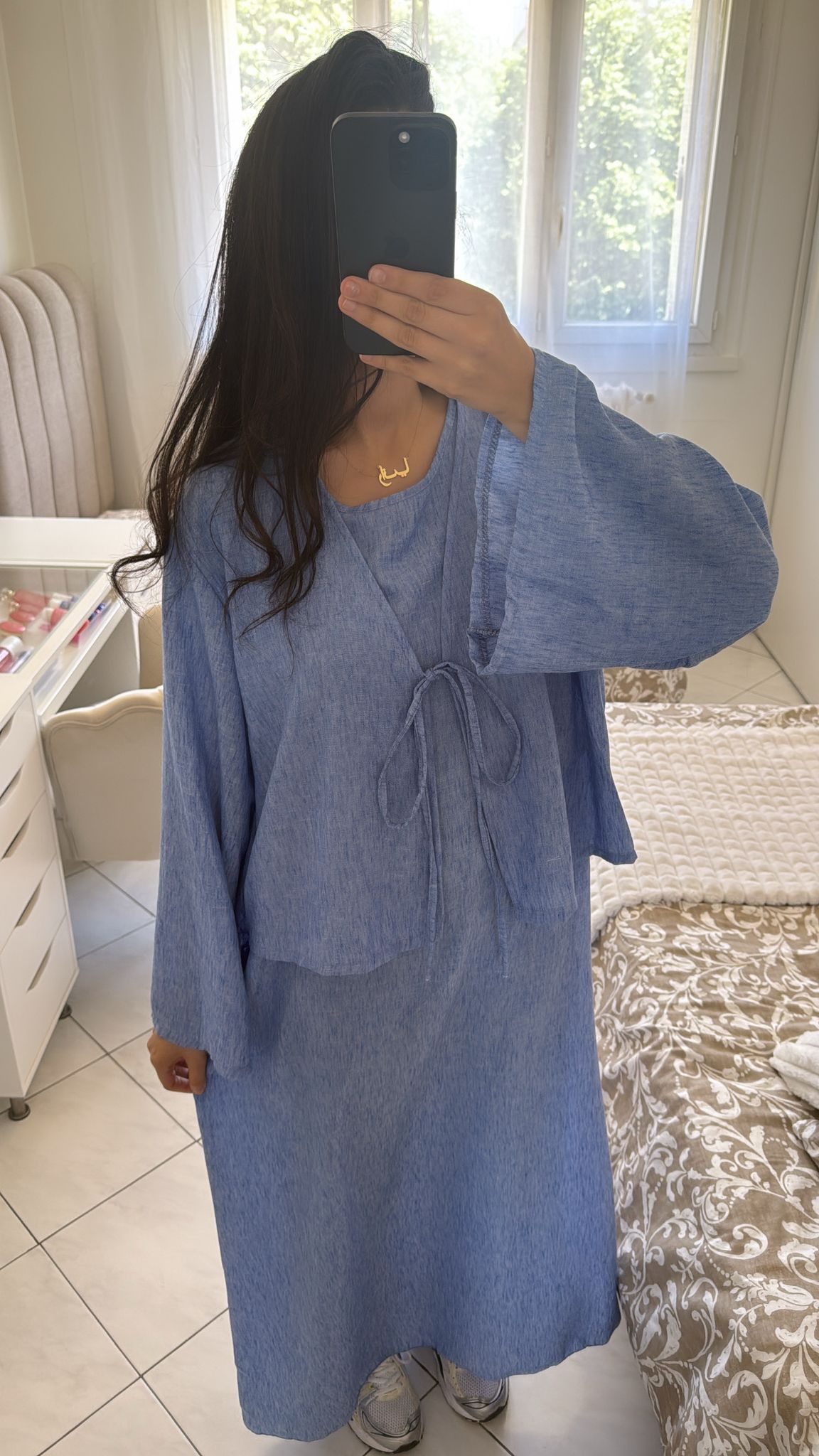 Ensemble robe gilet effet lin bleu