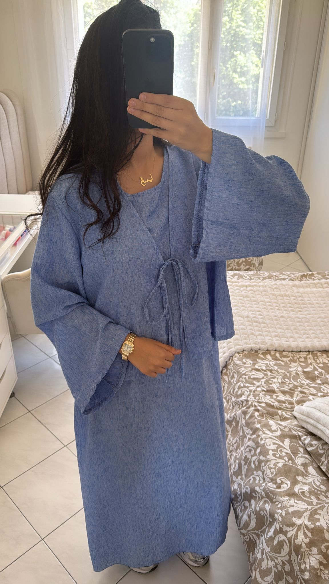 Ensemble robe gilet effet lin bleu