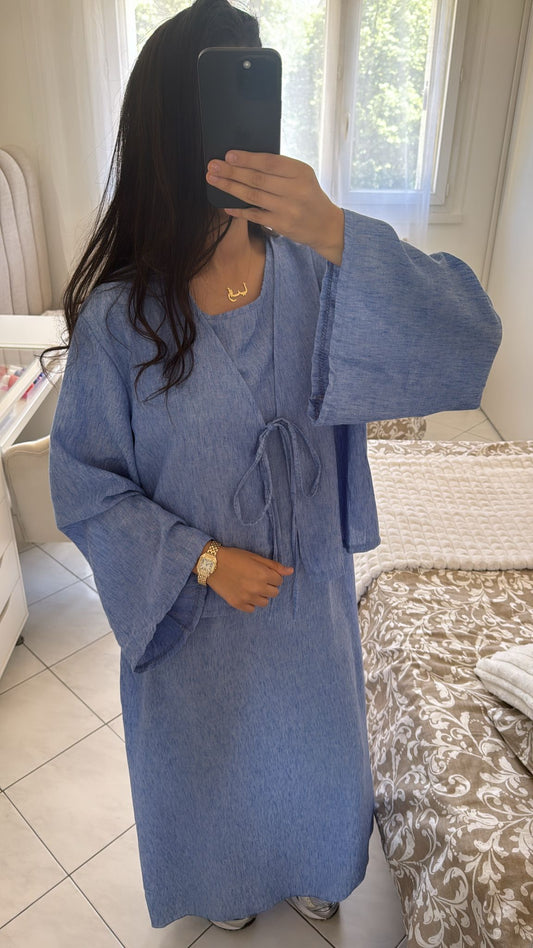 Ensemble robe gilet effet lin bleu